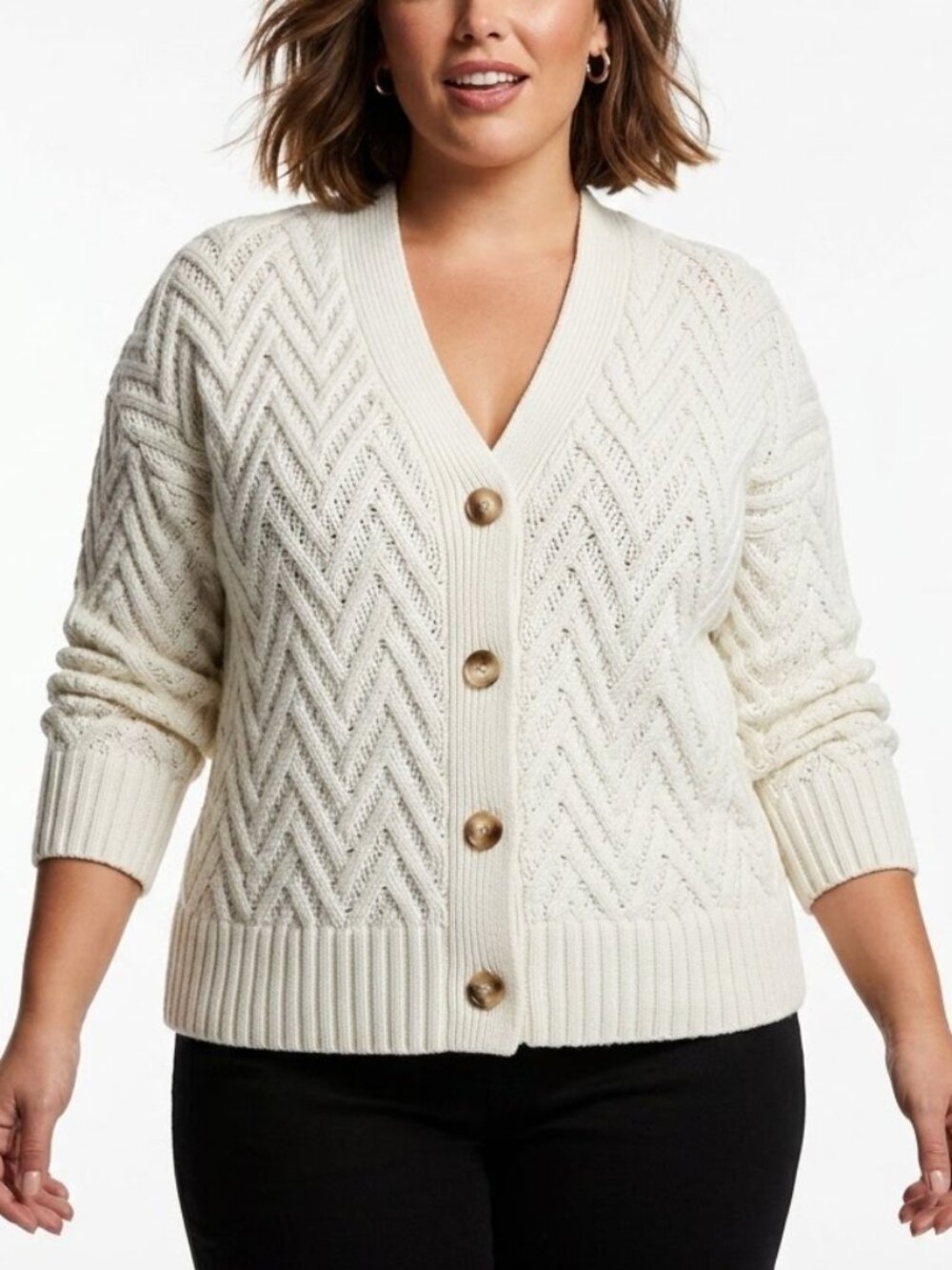 Dip Cottagecore Chevron Knit Cardigan White V-Neck Chunky Button Sweater XL